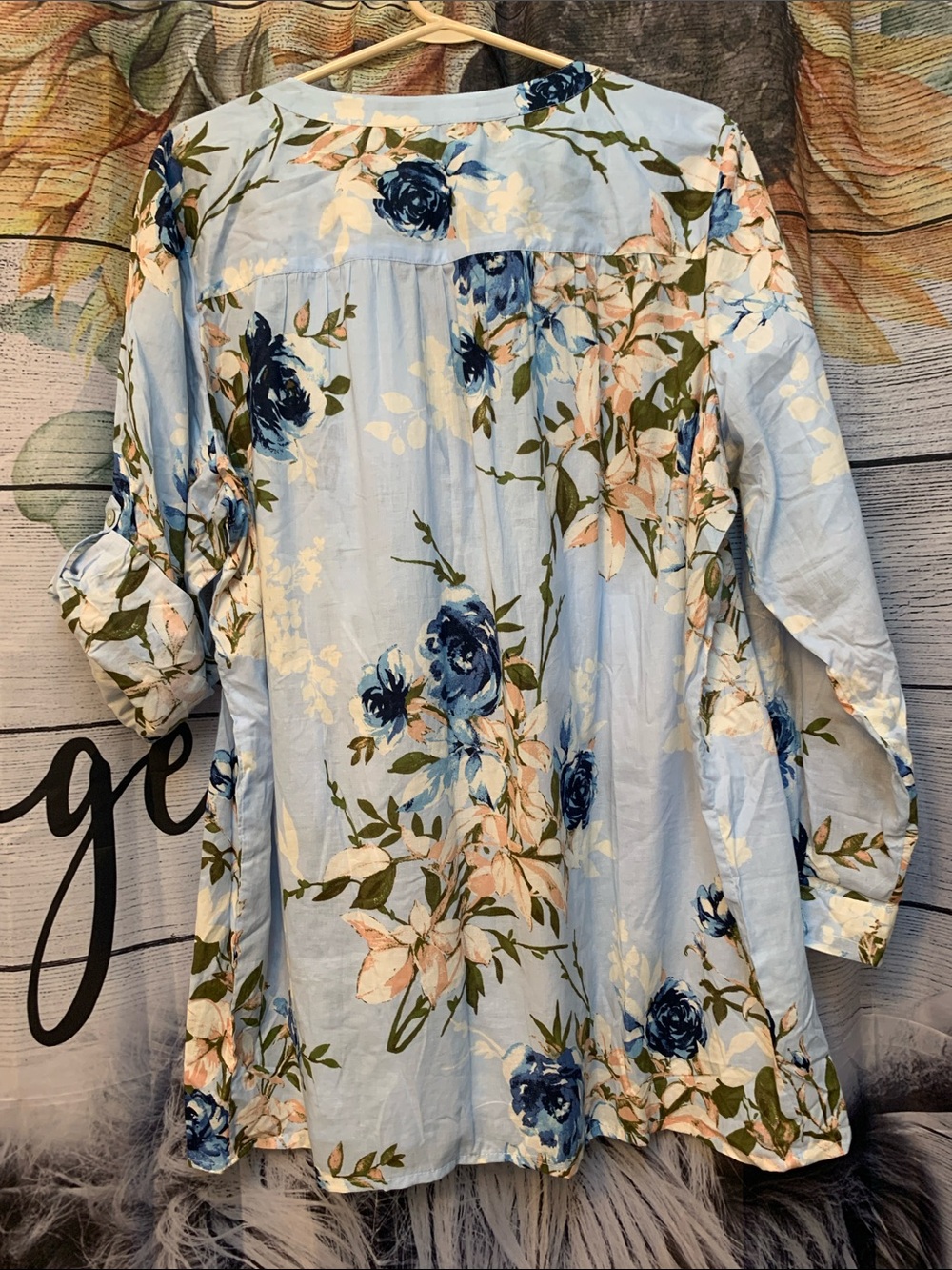 Roaman's Powder Blue Floral Pintuck Button-Up Blouse - Picture 5 of 5